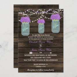 Invitación Flores moradas Mason Jars Barn Wood Boda