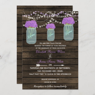 Invitación Flores moradas Mason Jars Barn Wood Boda