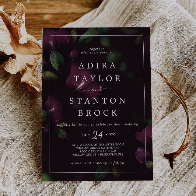 Invitación Flores Moradas Melancólicas | Boda con Patrón Negr (Moody Purple Blooms | Black Pattern Wedding Invitation)