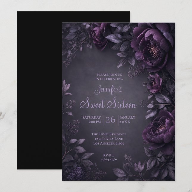 Invitación Flores Moradas Melancólicas Cumpleaños Dulces 16 (Anverso / Reverso)
