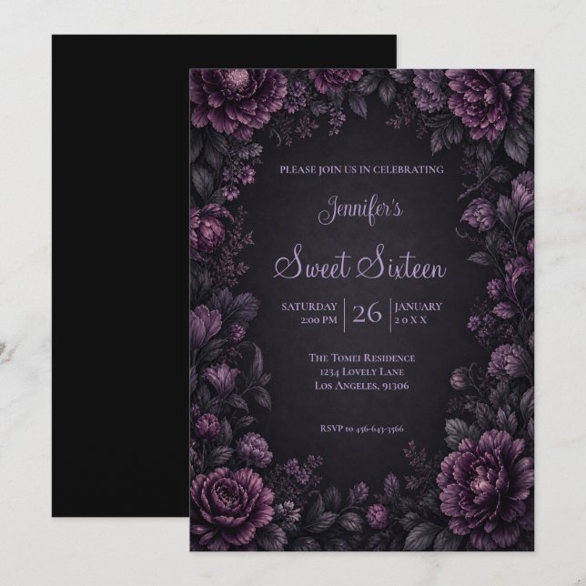 Invitación Flores Moradas Melancólicas Cumpleaños Dulces 16 (Anverso / Reverso)