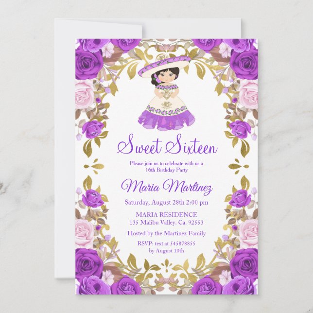 Invitación Flores moradas mexicanas dulces 16 cumpleaños  (Anverso)