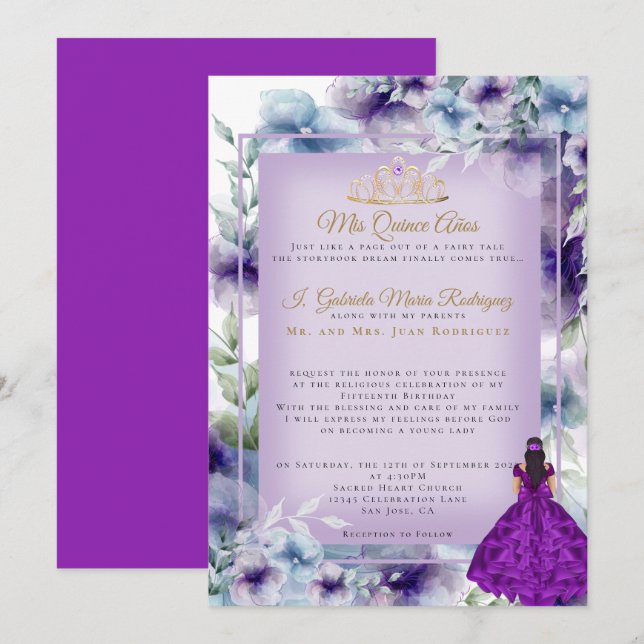 Invitación Flores moradas modernas Quinceañera (Anverso / Reverso)
