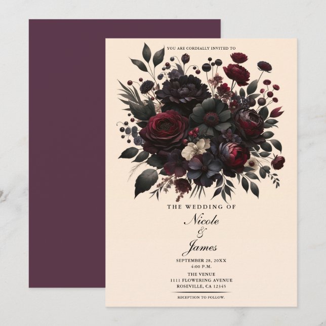 Invitación Flores moradas oscuras Boda de crema floral (Anverso / Reverso)