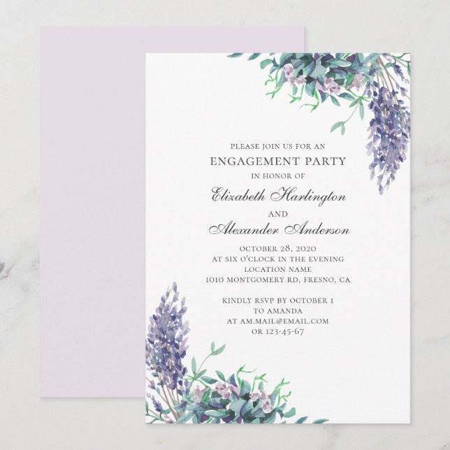 Invitación Flores moradas. Parte de compromiso floral de Lave (Anverso / Reverso)