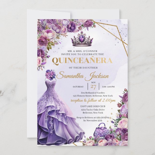 Invitación Flores moradas Primavera Vestido formal Quinceaner (Anverso)
