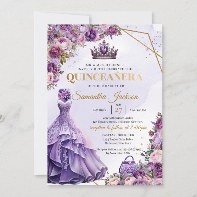 Invitación Flores moradas primaverales Vestido de la princesa (Anverso)
