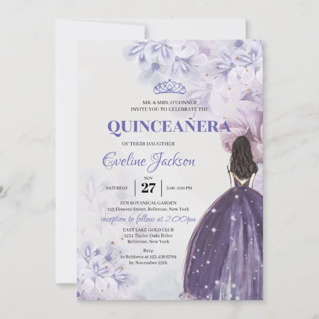 Invitación Flores moradas primaverales Vestido de la princesa (Anverso)