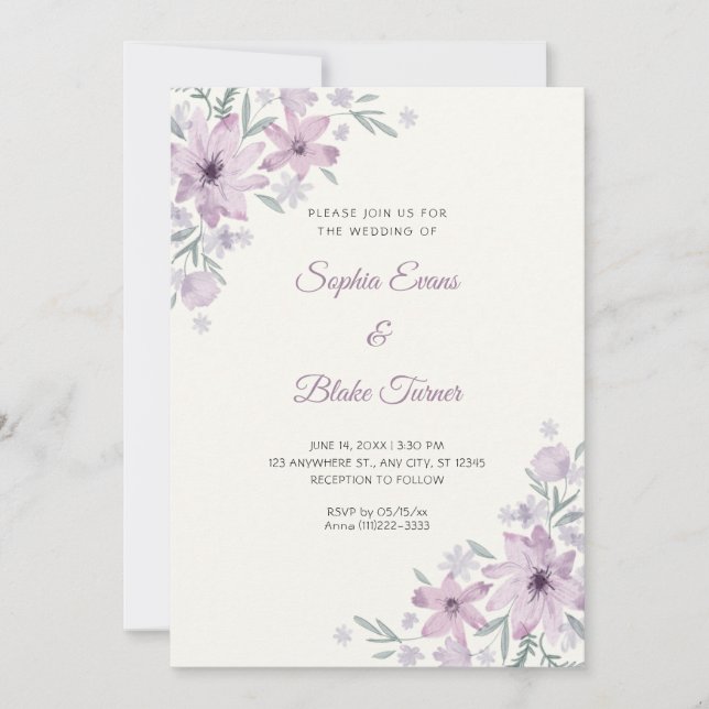 Invitación Flores Moradas Románticas Florales Boda Crema Blan (Anverso)