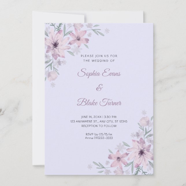 Invitación Flores Moradas Románticas Florales Lavanda Boda (Anverso)