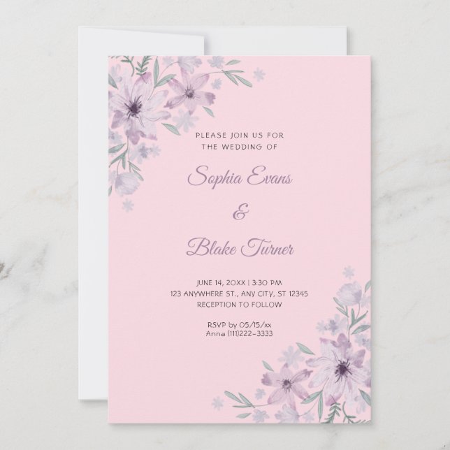 Invitación Flores Moradas Románticas Florales Rosa Suave Boda (Anverso)