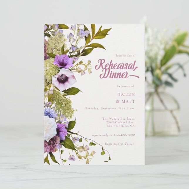 Invitación Flores moradas rosadas | Cena de ensayo (Anverso de pie)
