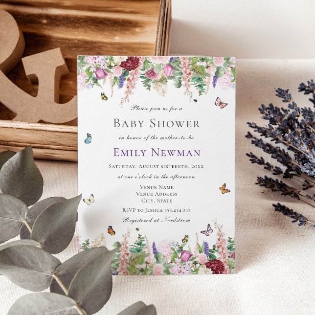 Invitación Flores moradas rosadas con Baby Shower de mariposa (Subido por el creador)
