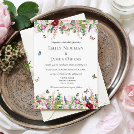 Invitación Flores moradas rosadas con Boda de mariposas
