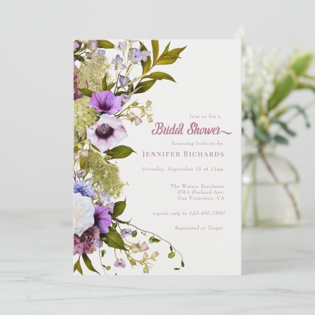 Invitación Flores moradas rosadas | Ducha nupcial en Bloom (Anverso de pie)