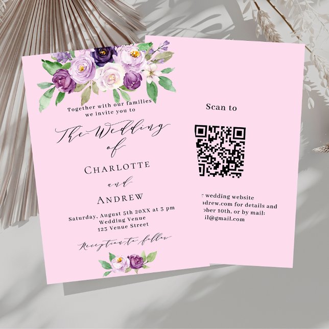 Invitación Flores moradas rosadas QR detalles RSVP boda de lu (Subido por el creador)