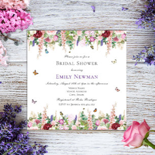 Invitación Flores moradas rosadas y mariposas ducha de novias