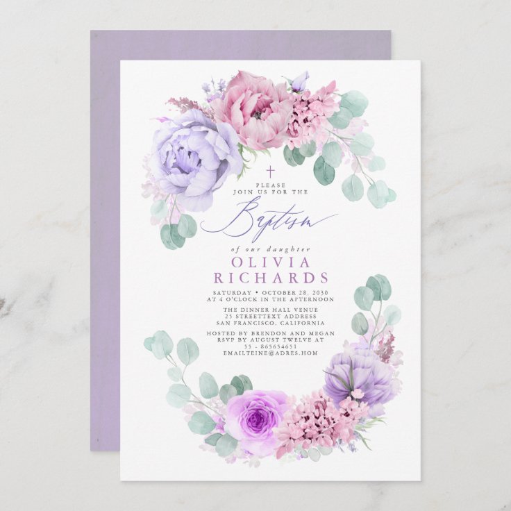 Invitación Flores moradas rosas y claras Eucalipto Bautismo 