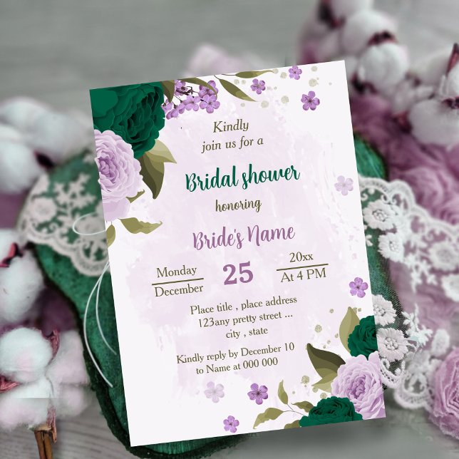 Invitación flores moradas verdes esmeraldas ducha de novia (Subido por el creador)