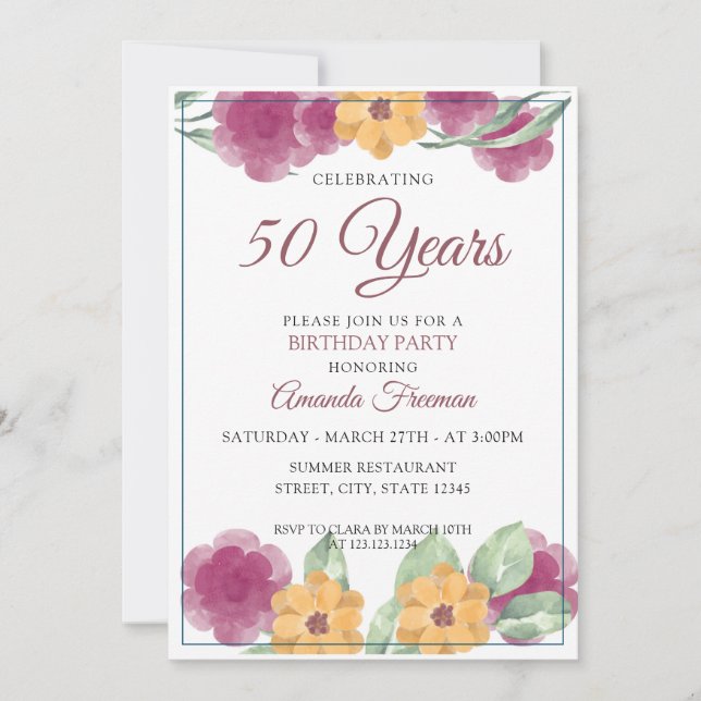 Invitación Flores moradas y amarillas modernas cumpleaños de  (Anverso)