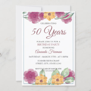 Invitación Flores moradas y amarillas modernas cumpleaños de 