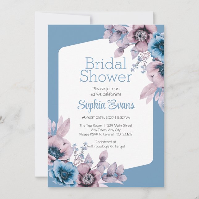 Invitación Flores moradas y azules ducha azul de novia (Anverso)
