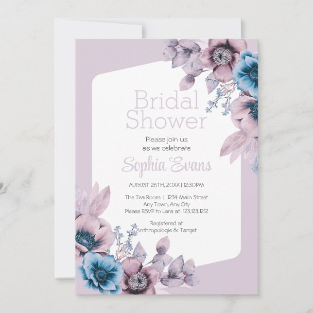 Invitación Flores moradas y azules Ducha Morada Bridal (Anverso)