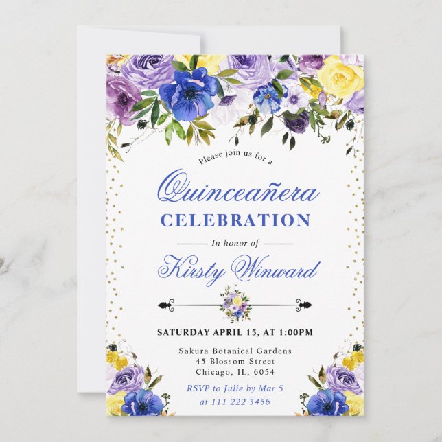 Invitación Flores Moradas y Crema de Verano Quinceañera (Anverso)