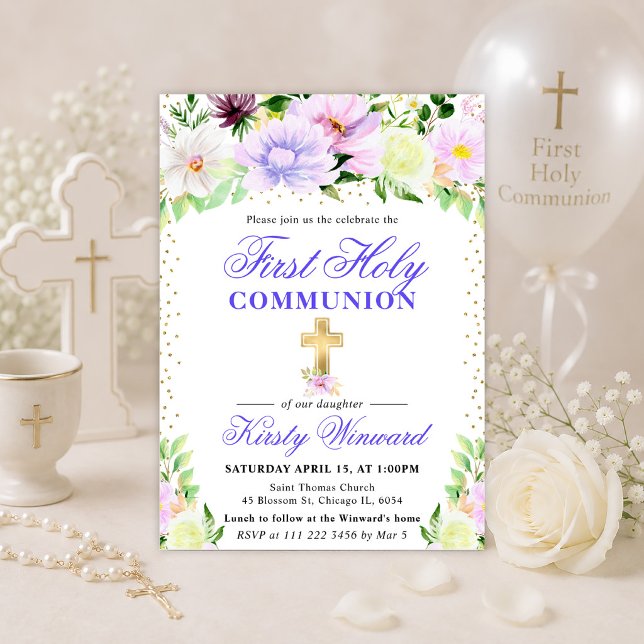 Invitación Flores Moradas y Crema Primera Comunión (Subido por el creador)