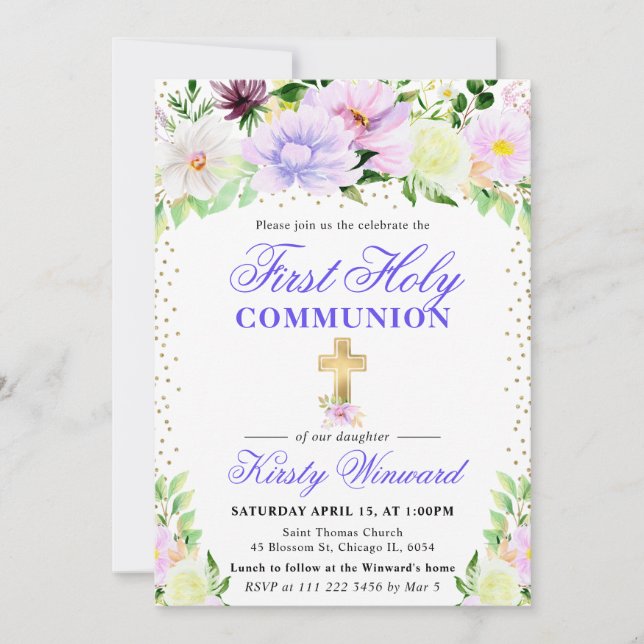 Invitación Flores moradas y crema: primera comunión sagrada (Anverso)