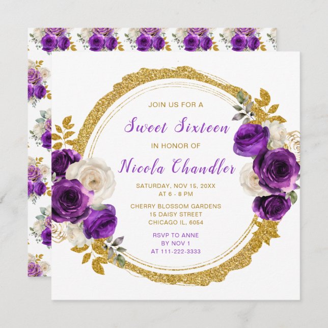 Invitación Flores moradas y doradas elegantes dulces dieciséi (Anverso / Reverso)
