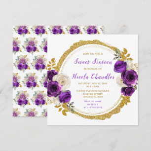 Invitación Flores moradas y doradas elegantes dulces dieciséi