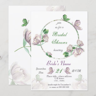 Invitación flores moradas y hojas mariposas ducha de novia