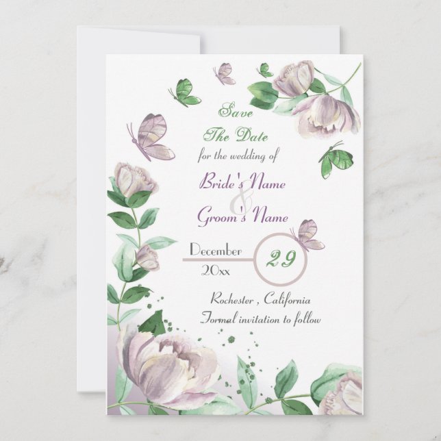 Invitación flores moradas y hojas mariposas salvan la fecha (Anverso)