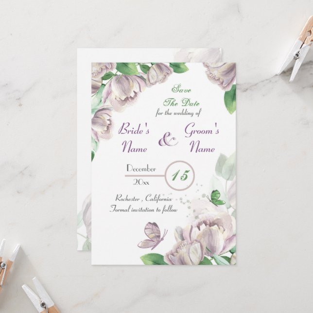 Invitación flores moradas y hojas mariposas salvan la fecha (Anverso/Reverso In Situ)