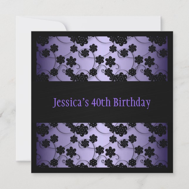 Invitación Flores moradas y negras cumplen 40 años (Anverso)