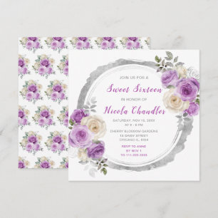 Invitación Flores moradas y plateadas elegantes dulces Diecis
