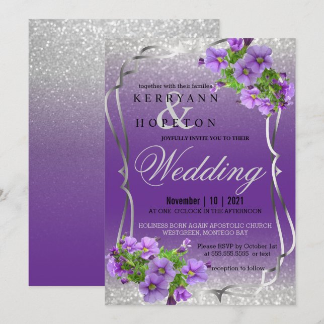Invitación Flores moradas y Purpurina plateado (Anverso / Reverso)