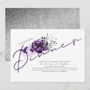 Invitación Flores moradas y Purpurina plateado ensayando la c