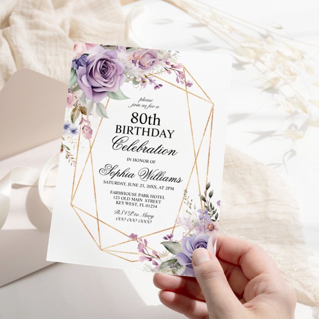 Invitación Flores moradas y Rosas Rubor 80 Cumpleaños (Subido por el creador)