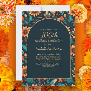 Invitación Flores Naranja Verde Arco de Cumpleaños 100 Negro