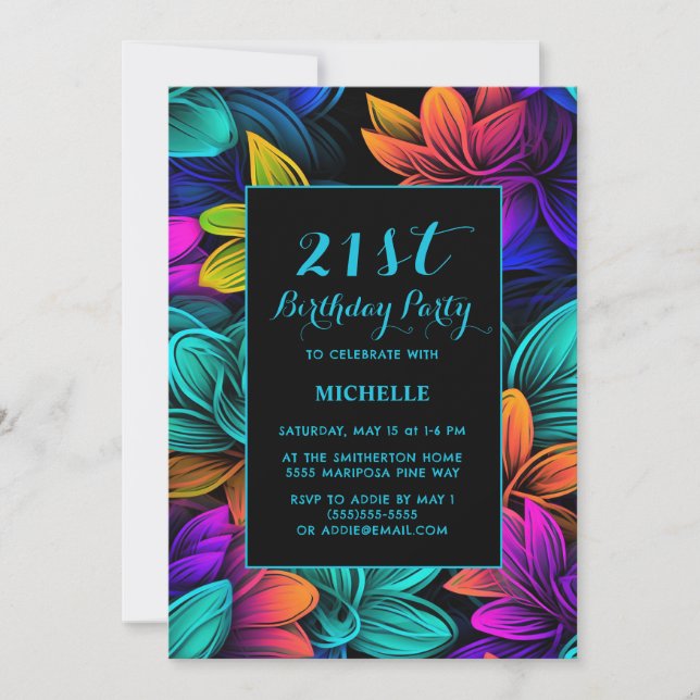 Invitación Flores Naranja Verde Azul Purpura Neón Cumpleaños  (Anverso)