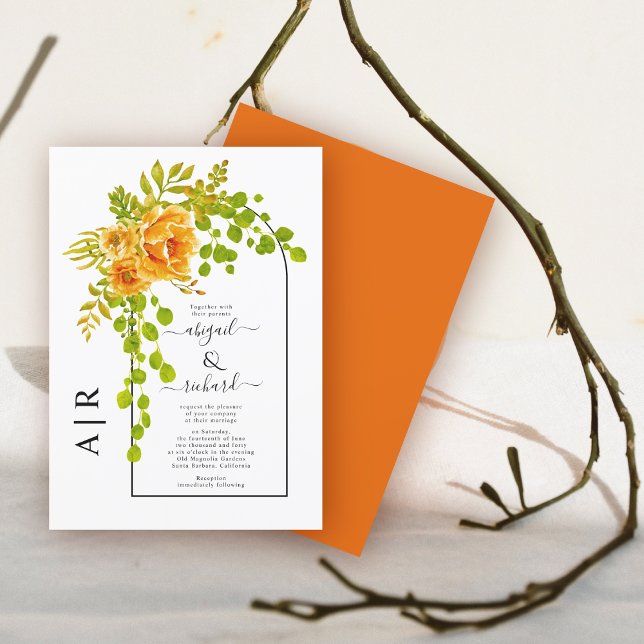 Invitación Flores naranjas, arco y boda de otoño con monogram (Subido por el creador)