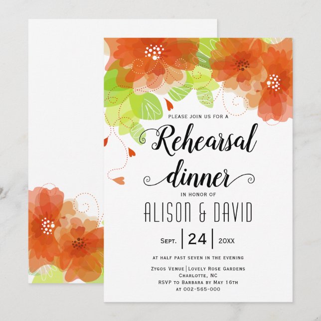 Invitación Flores naranjas boda ensayo cena (Anverso / Reverso)