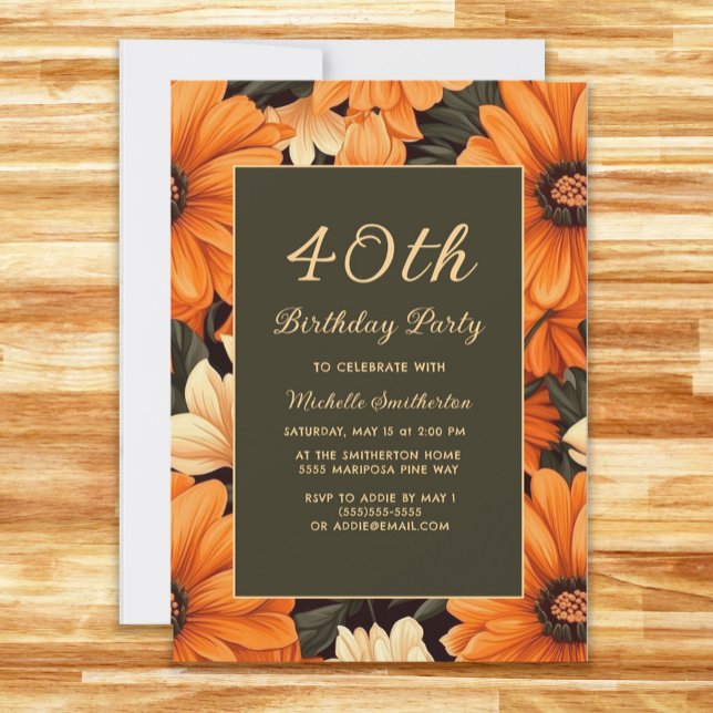 Invitación Flores Naranjas Cualquier Edad Marrón Cumpleaños 4 (Orange flowers on brown 40th birthday party invitation)