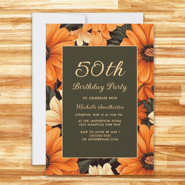 Invitación Flores Naranjas Cualquier Edad Marrón Cumpleaños 5 (Orange flowers on brown 50th birthday party invitation)