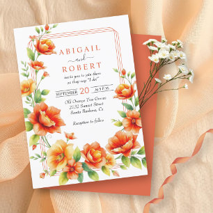 Invitación Flores naranjas de marco floral, boda de borde tri