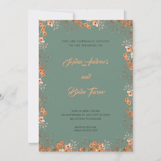 Invitación Flores Naranjas Delicadas Boda Verde Bonita (Anverso)