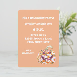 Invitación Flores naranjas divertidas calabaza fiesta de Hall