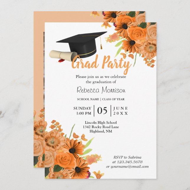 Invitación Flores Naranjas 🎓 graduación (Anverso / Reverso)